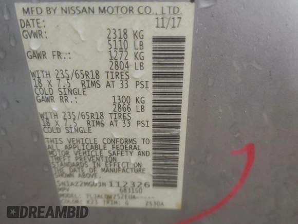 2018 Nissan Murano SV with VIN 5N1AZ2MG0JN112326, listed as a Copart auction lot 54002395 with 69,527 mi miles and Salvage Title. Bid and sale history available at DreamBid. Image 14.