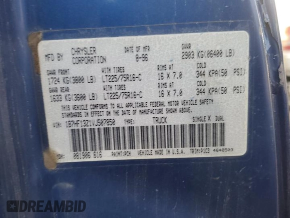1997 Dodge 1500 with VIN 1B7HF13Z1VJ507850, listed as a Copart auction lot 81055104 with 245,279 mi miles and Salvage Title. Bid and sale history available at DreamBid. Image 12.
