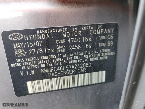 2007 Hyundai Azera SE with VIN KMHFC46F97A242080, listed as a Copart auction lot 45227394 with 147,742 mi miles and Salvage Title. Bid and sale history available at carsss.com. Image 12.