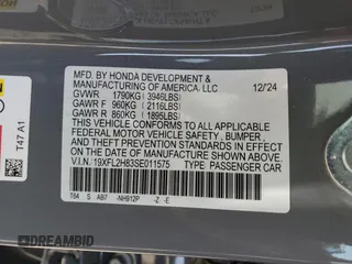 2025 Honda Civic Sport z VIN 19XFL2H83SE011575, wystawiony jako Copart lot #54015775 z przebiegiem 3 001 mil mil oraz Szkoda całkowita • Salvage title. Historia ofert i sprzedaży dostępna na DreamBid. Obrazek 14.