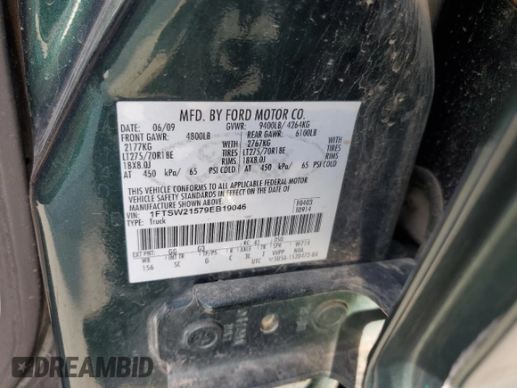 2009 Ford F-250 XL with VIN 1FTSW21579EB19046, listed as a Copart auction lot 50050175 with 137,643 mi miles and Salvage title. Bid and sale history available at DreamBid. Image 12.