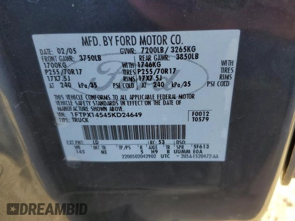 2005 Ford F-150 XLT with VIN 1FTPX14545KD24649, listed as a Copart auction lot 46359215 with 0 mi miles and Salvage Title. Bid and sale history available at carsss.com. Image 12.
