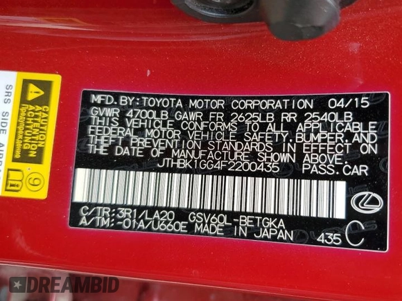 2015 Lexus ES 330 with VIN JTHBK1GG4F2200435, listed as a Copart auction lot 56197885 with 82,054 mi miles and Salvage Title. Bid and sale history available at DreamBid. Image 12.