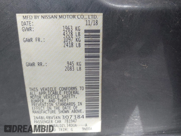2019 Nissan Altima S with VIN 1N4BL4BV5KN307384, listed as a IAAI auction lot 41734090 with 112,173 mi miles and . Bid and sale history available at carsss.com. Image 9.