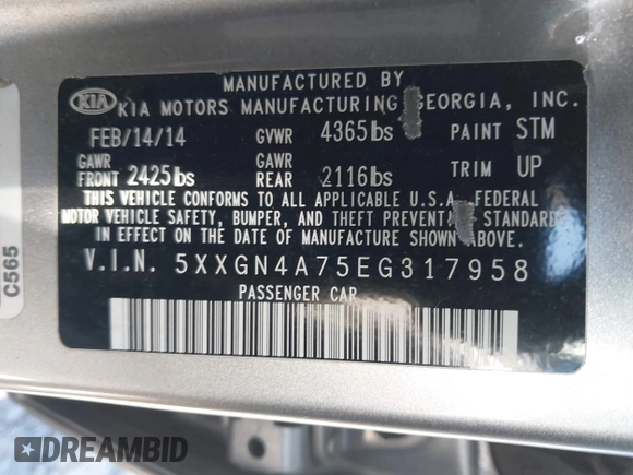 2014 Kia Optima EX with VIN 5XXGN4A75EG317958, listed as a IAAI auction lot 42075557 with 138,903 mi miles and . Bid and sale history available at carsss.com. Image 9.
