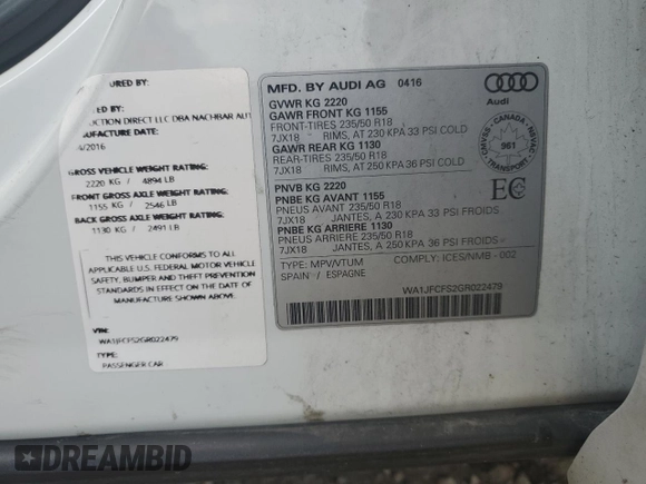 2016 Audi Q3 with VIN WA1JFCFS2GR022479, listed as a Copart auction lot 66391563 with 91,413 mi miles and . Bid and sale history available at DreamBid. Image 14.
