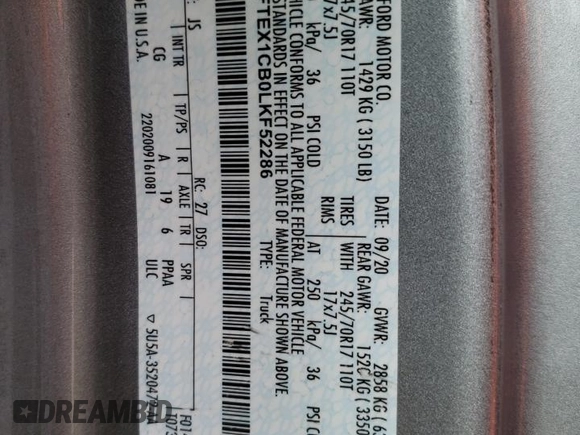 2020 Ford F-150 XL with VIN 1FTEX1CB0LKF52286, listed as a Copart auction lot 40610764 with 83,220 mi miles and Salvage Title. Bid and sale history available at DreamBid. Image 13.