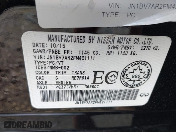 2015 Infiniti Q50 z VIN JN1BV7AR2FM421111, wystawiony jako IAAI lot #42209282 z przebiegiem 128 481 mil mil oraz . Historia ofert i sprzedaży dostępna na DreamBid. Obrazek 9.