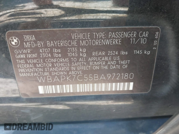 2011 BMW 3 Series 328i xDrive with VIN WBAPK7C55BA972180, listed as a IAAI auction lot 42566991 with 228,000 mi miles and . Bid and sale history available at DreamBid. Image 9.