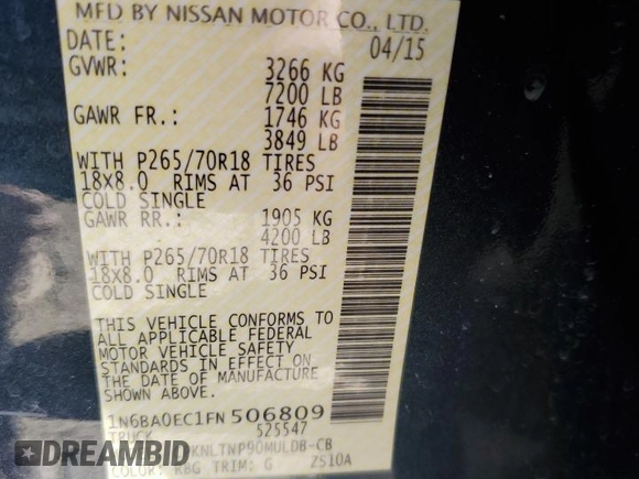 2015 Nissan Titan SL with VIN 1N6BA0EC1FN506809, listed as a Copart auction lot 72825514 with 132,830 mi miles and Salvage Title. Bid and sale history available at carsss.com. Image 13.