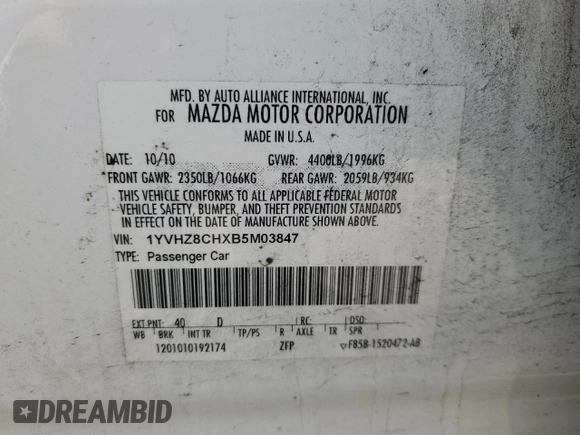 2011 Mazda 6 i Touring with VIN 1YVHZ8CHXB5M03847, listed as a Copart auction lot 49838455 with 180,950 mi miles and Salvage title. Bid and sale history available at DreamBid. Image 12.