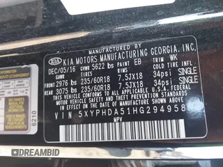 2017 Kia Sorento EX with VIN 5XYPHDA51HG294958, listed as a IAAI auction lot 41791927 with 131,555 mi miles and . Bid and sale history available at DreamBid. Image 9.