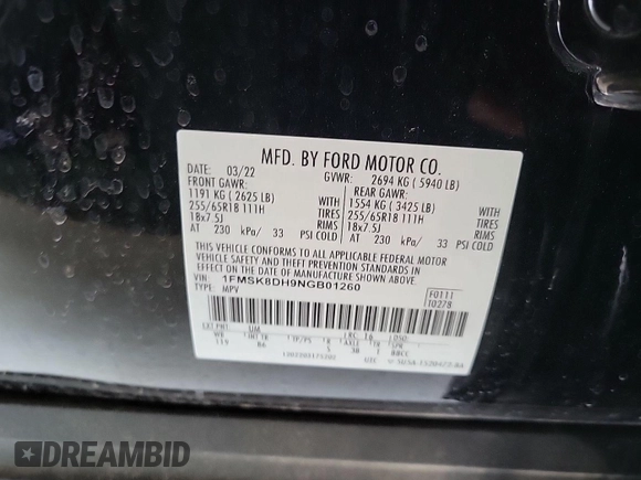 2022 Ford Explorer XLT с VIN 1FMSK8DH9NGB01260, выставлен на аукционе IAAI как лот 42748134 с пробегом 25 828 миль миль и . История ставок и продаж доступна на DreamBid. Изображение 4.