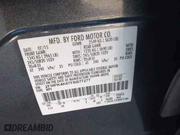 2015 Ford Edge Titanium with VIN 2FMPK4K87FBB77277, listed as a IAAI auction lot 41795760 with 164,844 mi miles. Bid and sale history available at carsss.com. Image 9.
