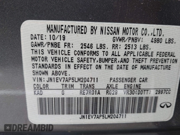 2020 Infiniti Q50 Luxe z VIN JN1EV7AP5LM204711, wystawiony jako IAAI lot #42575155 z przebiegiem 29 895 mil mil oraz . Historia ofert i sprzedaży dostępna na DreamBid. Obrazek 9.