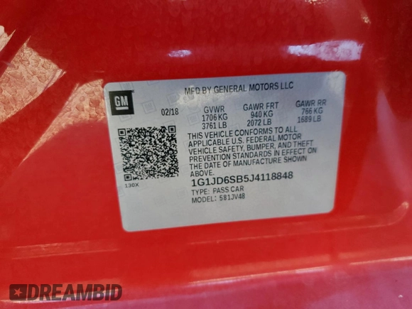 2018 Chevrolet Sonic LT z VIN 1G1JD6SB5J4118848, wystawiony jako Copart lot #83615174 z przebiegiem 17 483 mil mil oraz Szkoda całkowita • Salvage title. Historia ofert i sprzedaży dostępna na DreamBid. Obrazek 16.