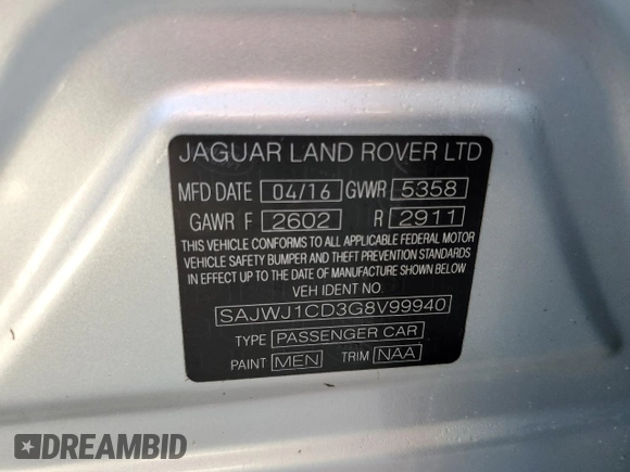 2016 Jaguar XJ R-Sport with VIN SAJWJ1CD3G8V99940, listed as a Copart auction lot 76345234 with Not provided miles and Salvage title. Bid and sale history available at DreamBid. Image 13.