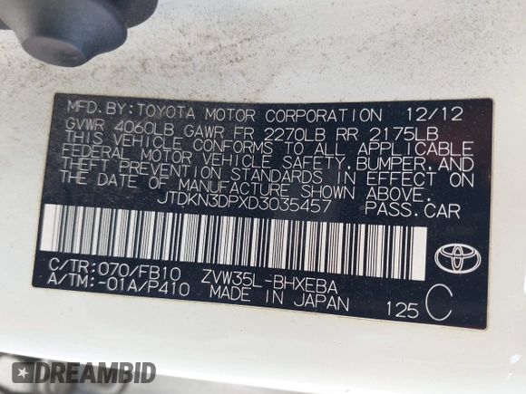 2013 Toyota Prius with VIN JTDKN3DPXD3035457, listed as a IAAI auction lot 42192621 with 153,685 mi miles and . Bid and sale history available at DreamBid. Image 9.