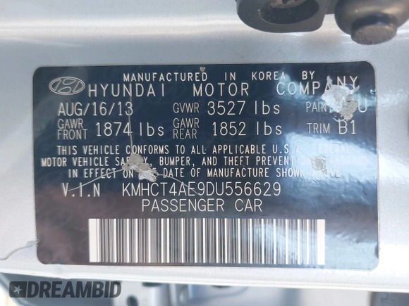 2013 Hyundai Accent GLS with VIN KMHCT4AE9DU556629, listed as a IAAI auction lot 42107644 with 152,274 mi miles. Bid and sale history available at carsss.com. Image 9.