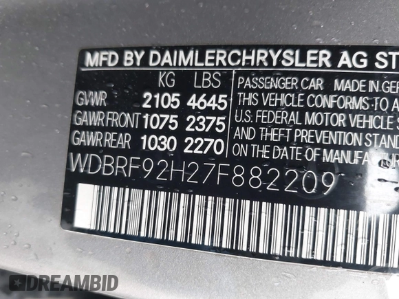 2007 Mercedes-Benz C 280 Luxury with VIN WDBRF92H27F882209, listed as a IAAI auction lot 41834105 with 174,656 mi miles and . Bid and sale history available at DreamBid. Image 9.