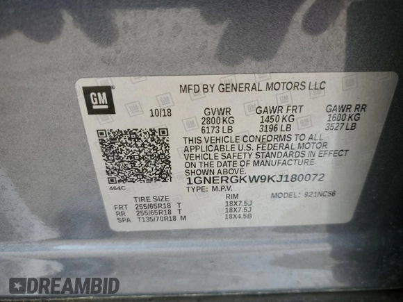 2019 Chevrolet Traverse LT Cloth с VIN 1GNERGKW9KJ180072, выставлен на аукционе Copart как лот 50992265 с пробегом 87 840 миль миль и Чистый • Clean title. История ставок и продаж доступна на DreamBid. Изображение 13.