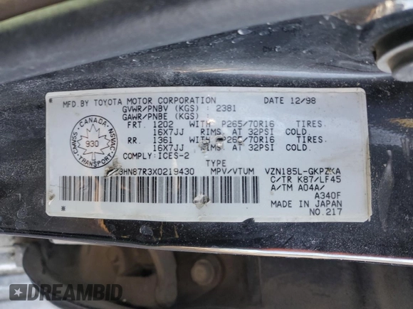 1999 Toyota 4Runner Limited z VIN JT3HN87R3X0219430, wystawiony jako Copart lot #46487885 z przebiegiem 453 337 mil mil oraz Szkoda całkowita • Salvage title. Historia ofert i sprzedaży dostępna na DreamBid. Obrazek 13.