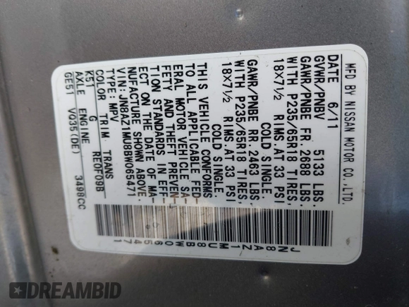 2011 Nissan Murano SL with VIN JN8AZ1MU8BW065471, listed as a IAAI auction lot 41707009 with 133,888 mi miles and . Bid and sale history available at DreamBid. Image 9.