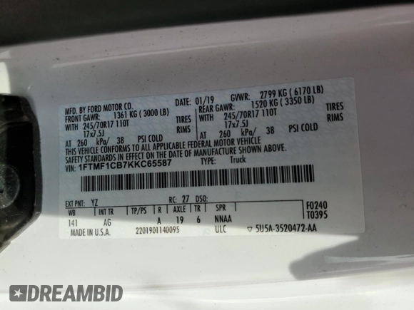 2019 Ford F-150 XL z VIN 1FTMF1CB7KKC65587, wystawiony jako Copart lot #68367244 z przebiegiem Nie podano mil oraz Szkoda całkowita • Salvage title. Historia ofert i sprzedaży dostępna na DreamBid. Obrazek 12.