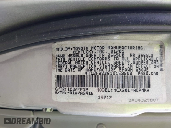 2001 Toyota Avalon XL with VIN 4T1BF28B61U152508, listed as a IAAI auction lot 41982160 with Not Provided miles and . Bid and sale history available at DreamBid. Image 9.