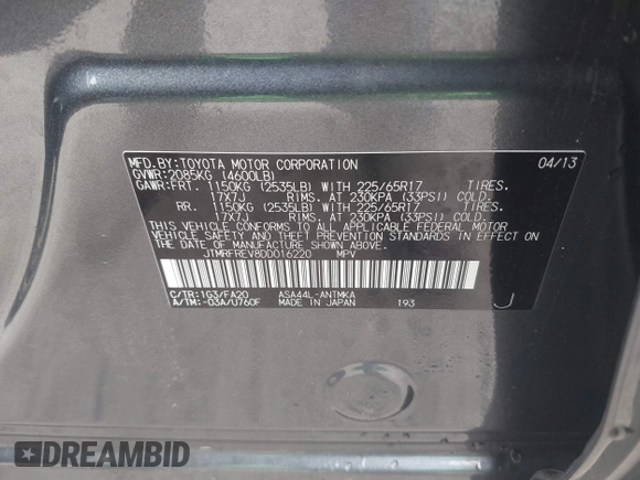 2013 Toyota RAV4 XLE with VIN JTMRFREV8DD016220, listed as a IAAI auction lot 42442403 with 165,364 mi miles and . Bid and sale history available at DreamBid. Image 9.