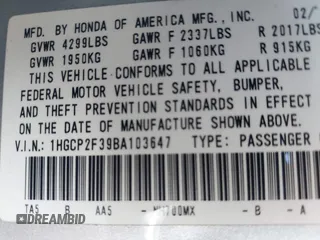 2011 Honda Accord LX with VIN 1HGCP2F39BA103647, listed as a IAAI auction lot 42657216 with 174,228 mi miles and . Bid and sale history available at DreamBid. Image 9.