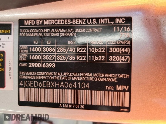 2017 Mercedes-Benz GLE 43 AMG with VIN 4JGED6EBXHA064104, listed as a Copart auction lot 58497065 with 120,735 mi miles and Clean title. Bid and sale history available at DreamBid. Image 13.
