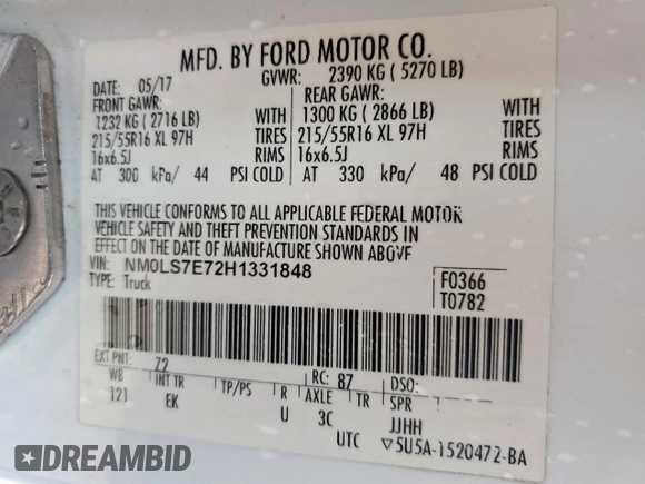 2017 Ford Transit Connect XL z VIN NM0LS7E72H1331848, wystawiony jako Copart lot #57677045 z przebiegiem 134 944 mil mil oraz Czysty tytuł • Clean title. Historia ofert i sprzedaży dostępna na DreamBid. Obrazek 14.