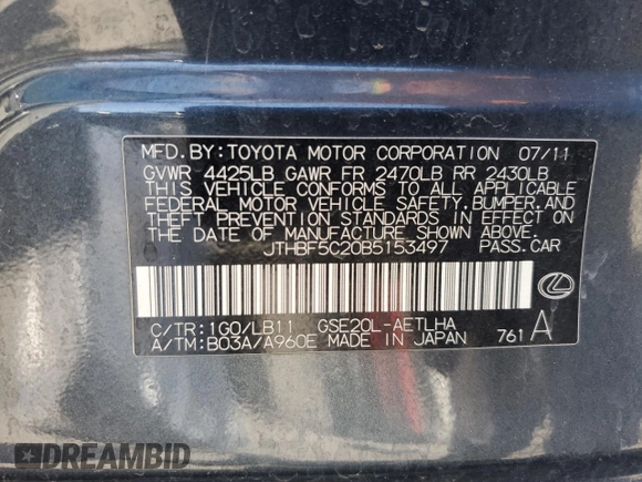 2011 Lexus IS 250 with VIN JTHBF5C20B5153497, listed as a Copart auction lot 49836015 with Not Provided miles and Salvage Title. Bid and sale history available at DreamBid. Image 14.