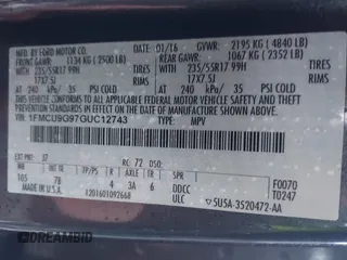 2016 Ford Escape SE z VIN 1FMCU9G97GUC12743, wystawiony jako IAAI lot #41529265 z przebiegiem Nie podano mil oraz . Historia ofert i sprzedaży dostępna na DreamBid. Obrazek 9.