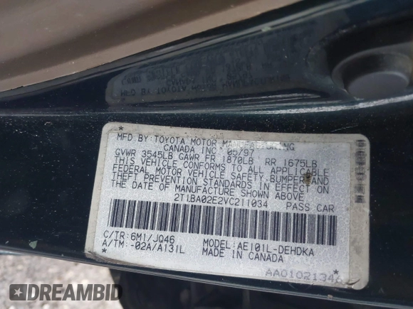 1997 Toyota Corolla with VIN 2T1BA02E2VC211034, listed as a IAAI auction lot 42253359 with 201,451 mi miles and . Bid and sale history available at DreamBid. Image 9.