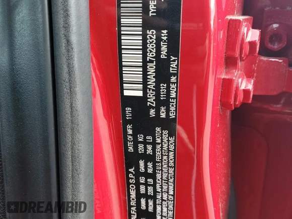 2020 Alfa Romeo Giulia z VIN ZARFANAN0L7626325, wystawiony jako Copart lot #86825494 z przebiegiem 51 174 mil mil oraz Szkoda całkowita • Salvage title. Historia ofert i sprzedaży dostępna na DreamBid. Obrazek 12.