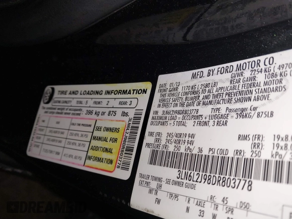 2013 Lincoln MKZ with VIN 3LN6L2J98DR803778, listed as a IAAI auction lot 41651370 with 190,840 mi miles. Bid and sale history available at carsss.com. Image 9.