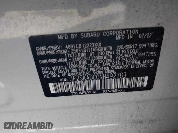 2022 Subaru Forester Premium с VIN JF2SKADC0NH492763, выставлен на аукционе IAAI как лот 42311098 с пробегом Не указан миль и . История ставок и продаж доступна на DreamBid. Изображение 9.
