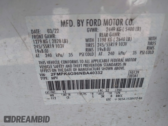 2022 Ford Edge SE z VIN 2FMPK4G96NBA40332, wystawiony jako IAAI lot #41730121 z przebiegiem 85 459 mil mil oraz . Historia ofert i sprzedaży dostępna na DreamBid. Obrazek 9.