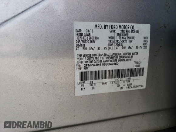2016 Ford Edge Titanium with VIN 2FMPK3K91GBB47650, listed as a Copart auction lot 44604005 with 55,156 mi miles and Salvage Title. Bid and sale history available at carsss.com. Image 15.