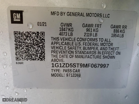 2021 Chevrolet Malibu LT with VIN 1G1ZD5ST9MF067997, listed as a Copart auction lot 47735525 with 0 mi miles and Salvage Title. Bid and sale history available at carsss.com. Image 13.