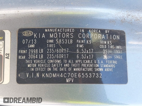 2014 Kia Sedona EX with VIN KNDMH4C70E6553732, listed as a IAAI auction lot 41812283 with 676,894 mi miles. Bid and sale history available at carsss.com. Image 9.