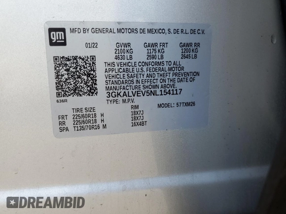 2022 GMC Terrain SLT with VIN 3GKALVEV5NL154117, listed as a Copart auction lot 45581315 with 63,445 mi miles and Salvage Title. Bid and sale history available at DreamBid. Image 13.