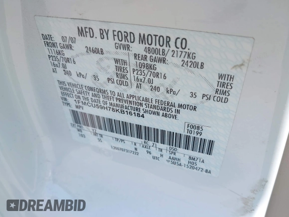 2008 Ford Escape Hybrid с VIN 1FMCU59H78KB16184, выставлен на аукционе IAAI как лот 42158012 с пробегом 193 183 миль миль и . История ставок и продаж доступна на DreamBid. Изображение 9.