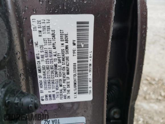 2013 Honda CR-V EX-L with VIN 5J6RM3H77DL036698, listed as a Copart auction lot 65883624 with Not Provided miles and Salvage Title. Bid and sale history available at DreamBid. Image 14.