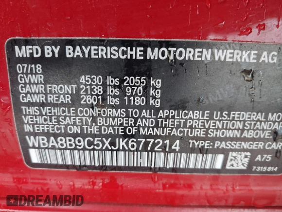 2018 BMW 3 Series 330i with VIN WBA8B9C5XJK677214, listed as a IAAI auction lot 41898958 with 52,660 mi miles and . Bid and sale history available at DreamBid. Image 9.