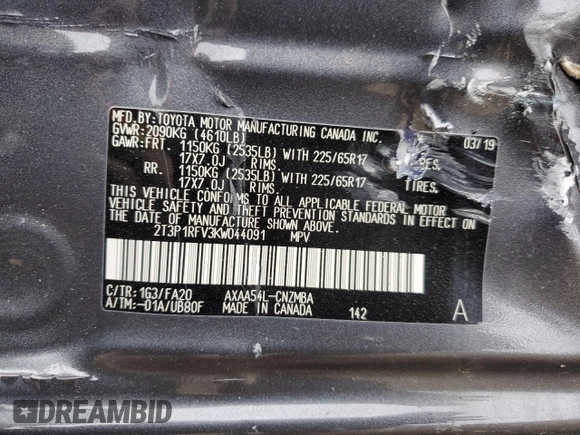 2019 Toyota RAV4 XLE with VIN 2T3P1RFV3KW044091, listed as a Copart auction lot 48116145 with 46,008 mi miles and Salvage Title. Bid and sale history available at DreamBid. Image 15.