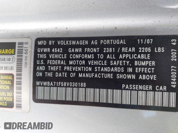 2008 Volkswagen Eos Turbo z VIN WVWBA71F58V030188, wystawiony jako IAAI lot #42040441 z przebiegiem 150 976 mil mil oraz . Historia ofert i sprzedaży dostępna na DreamBid. Obrazek 9.