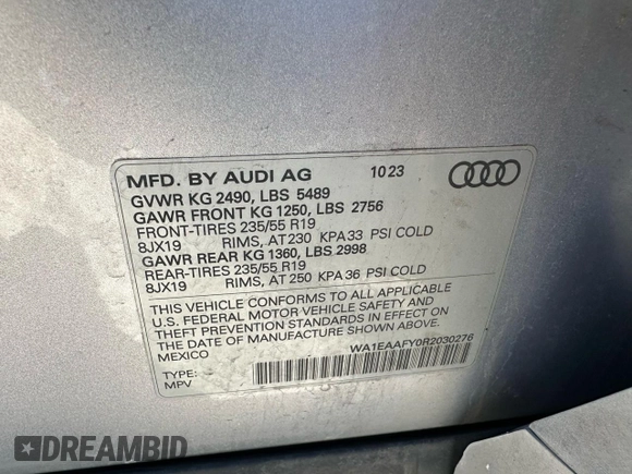 2024 Audi Q5 S line Premium Plus with VIN WA1EAAFY0R2030276, listed as a Copart auction lot 50058525 with 23,918 mi miles and Clean Title. Bid and sale history available at carsss.com. Image 10.